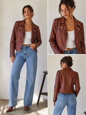 By Anthropologie Rich Cognac Brown Faux Leather Moto Jacket - Plus Size 2X